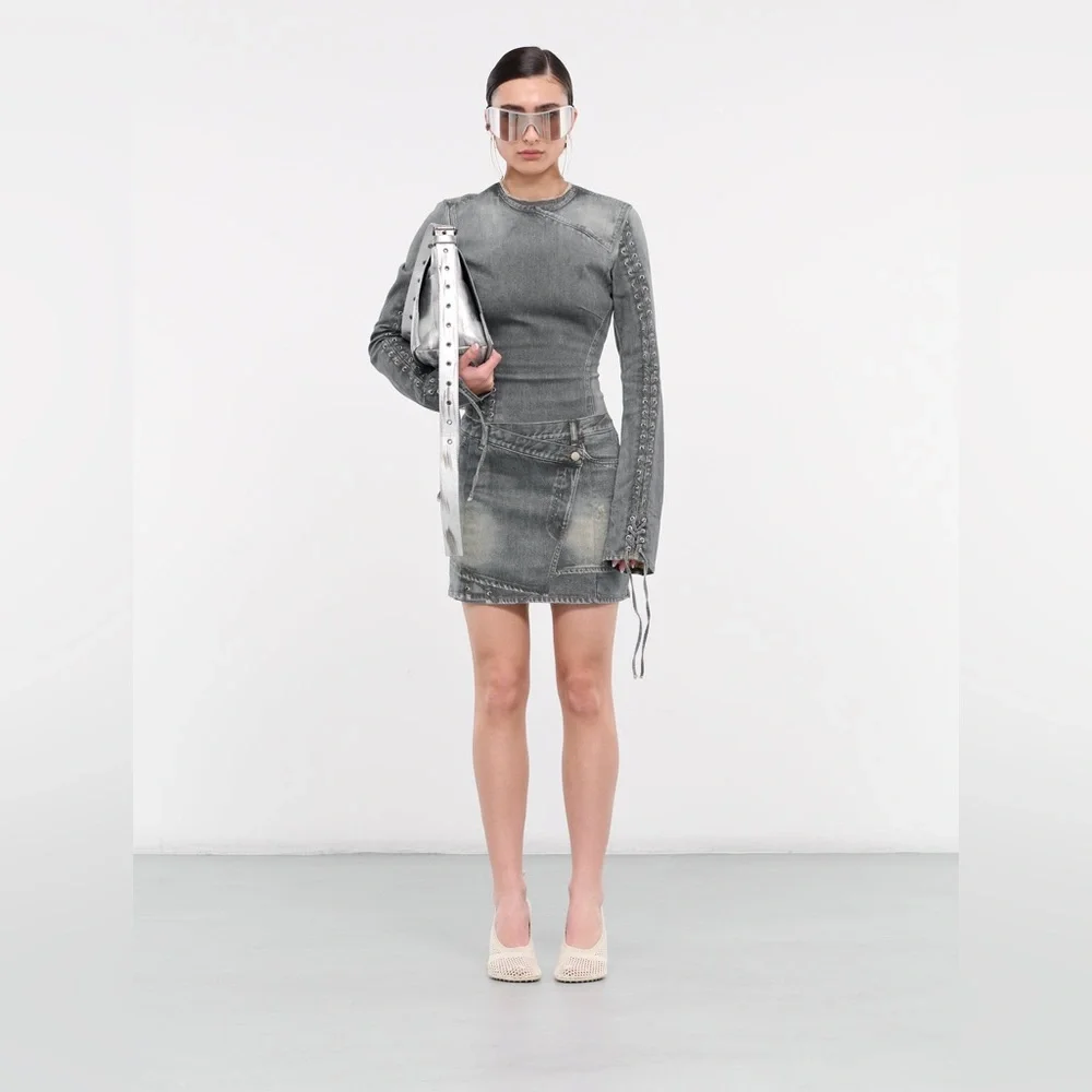 Edgy Denim-Look Dress Casual Party Mini - Picture 2 of 7